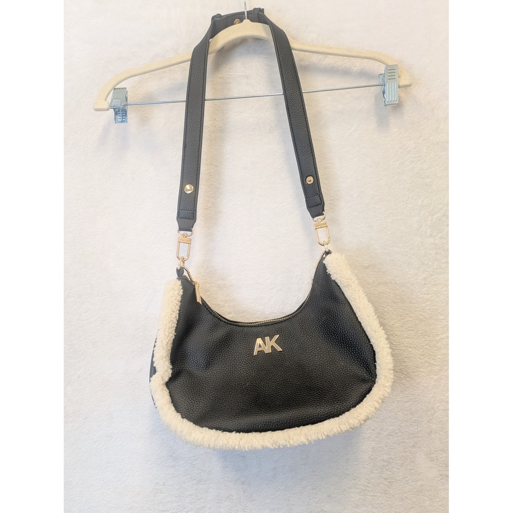 Anne Klein Black Sherpa Trim Hobo Shoulder Bag Gold Tone Logo AK
